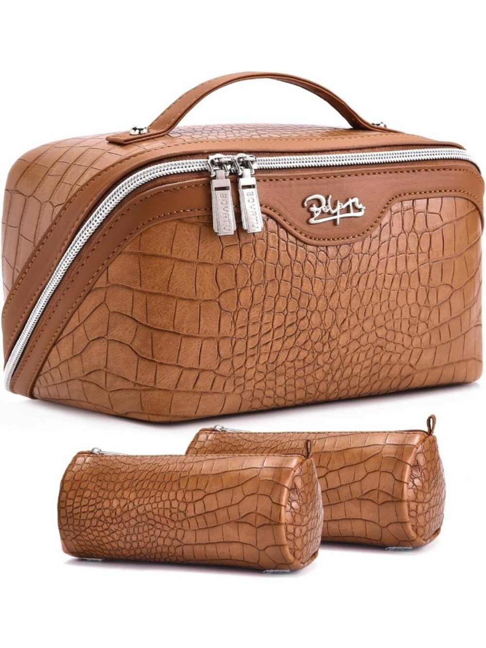 Large Capacity Travel Makeup Bag Set - 3 Pcs Vegan Leather Toiletry Bags with